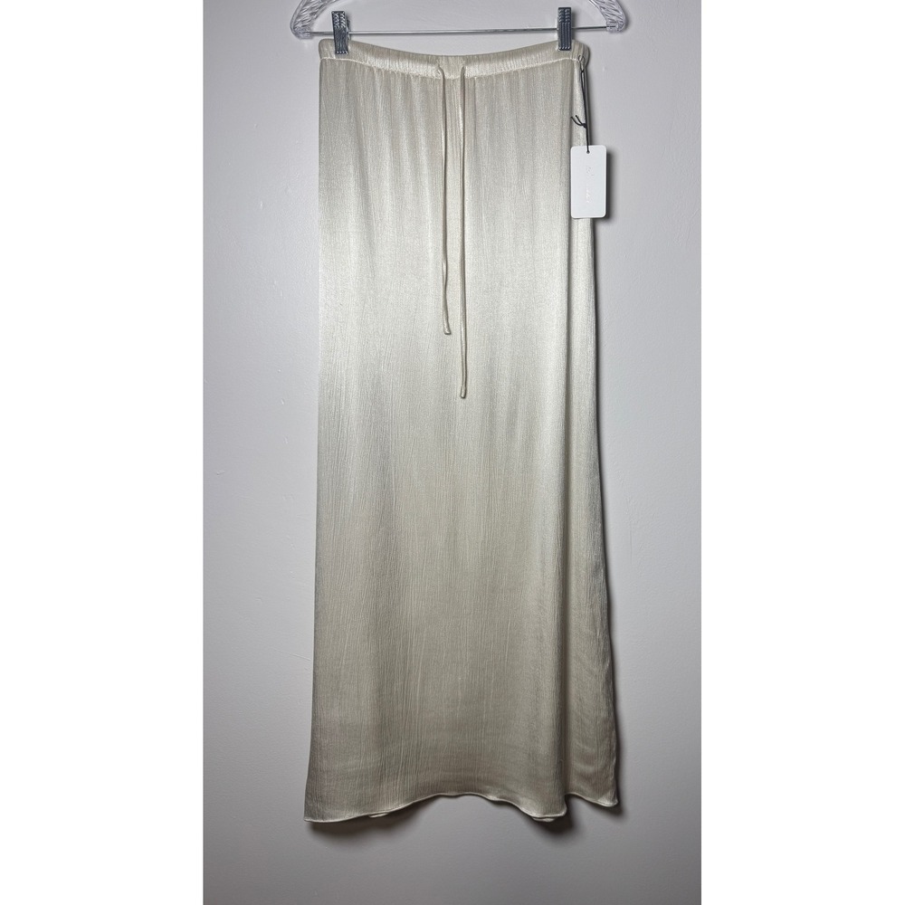 Line and Dot Champagne Gold Plisse Maxi Skirt XS Shimmer Textured Drawstring NWT
